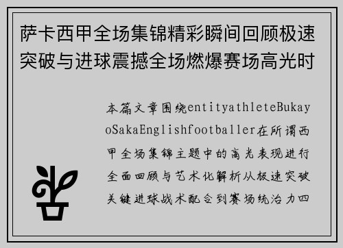 萨卡西甲全场集锦精彩瞬间回顾极速突破与进球震撼全场燃爆赛场高光时刻